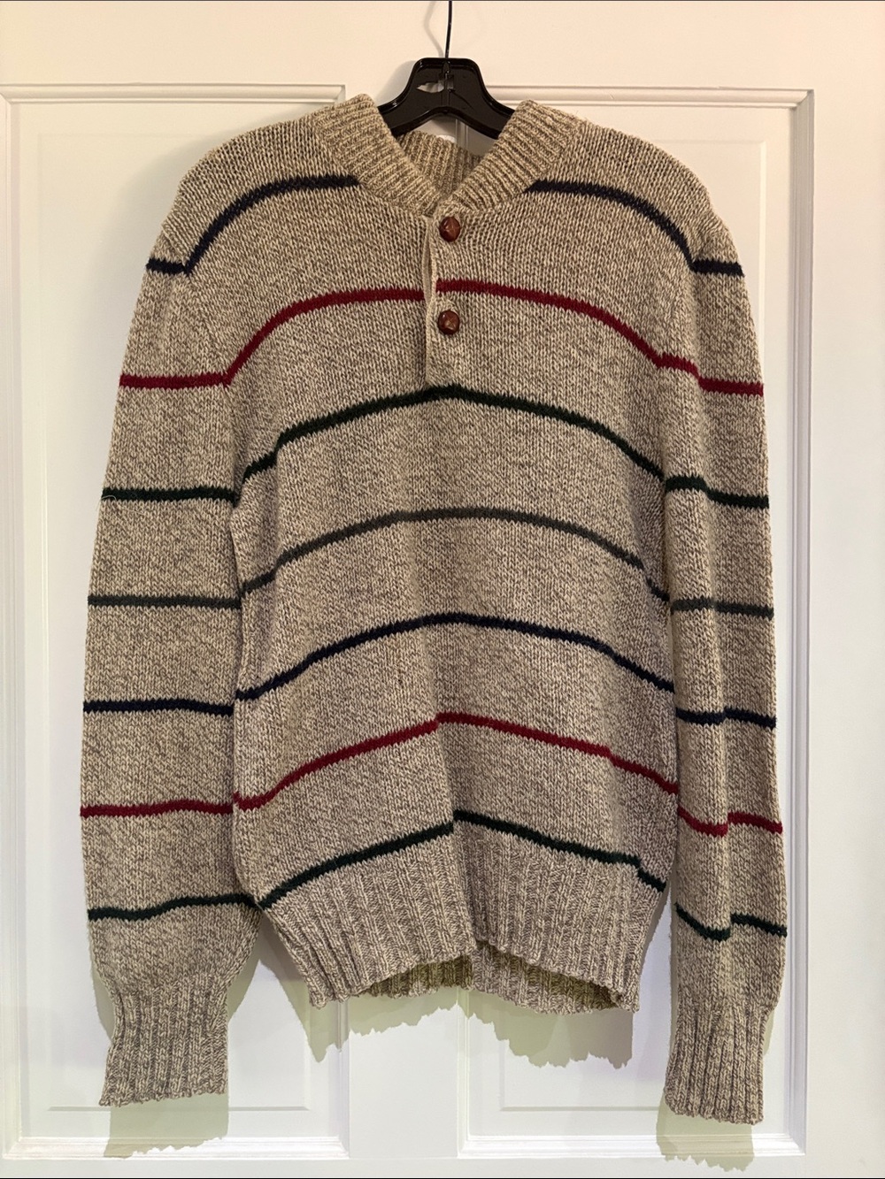 Men's Cream Striped Button-Neck Sweater
